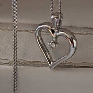 Polished 14K White Gold  Heart Pendant Necklace with Center Stone